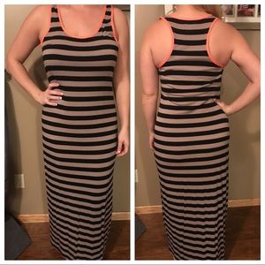 Brown & Tan striped maxi. Orange neon Accent